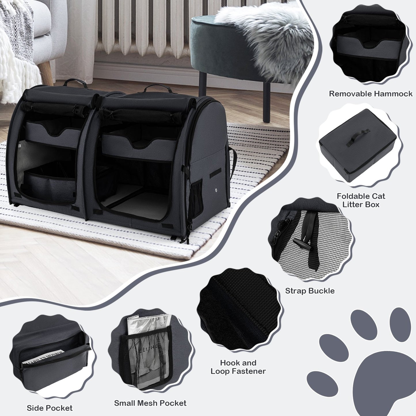 Double Compartment Pet Carrier with 2 Removable Hammocks, Black Cat Supplies   at Gallery Canada