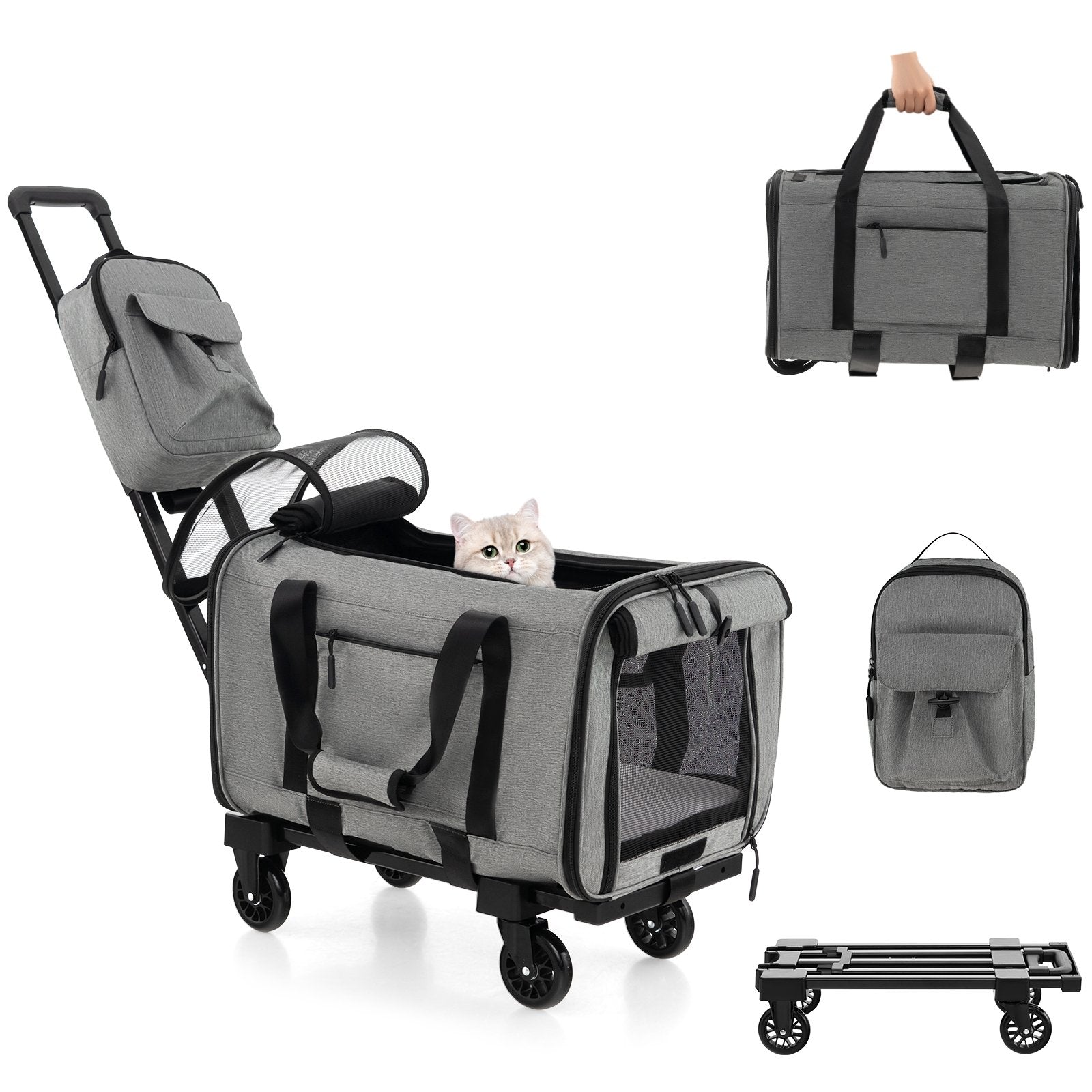 Rolling Cat Carrier with Dual-use Pads and Litter Bag, Gray Cat Supplies   at Gallery Canada