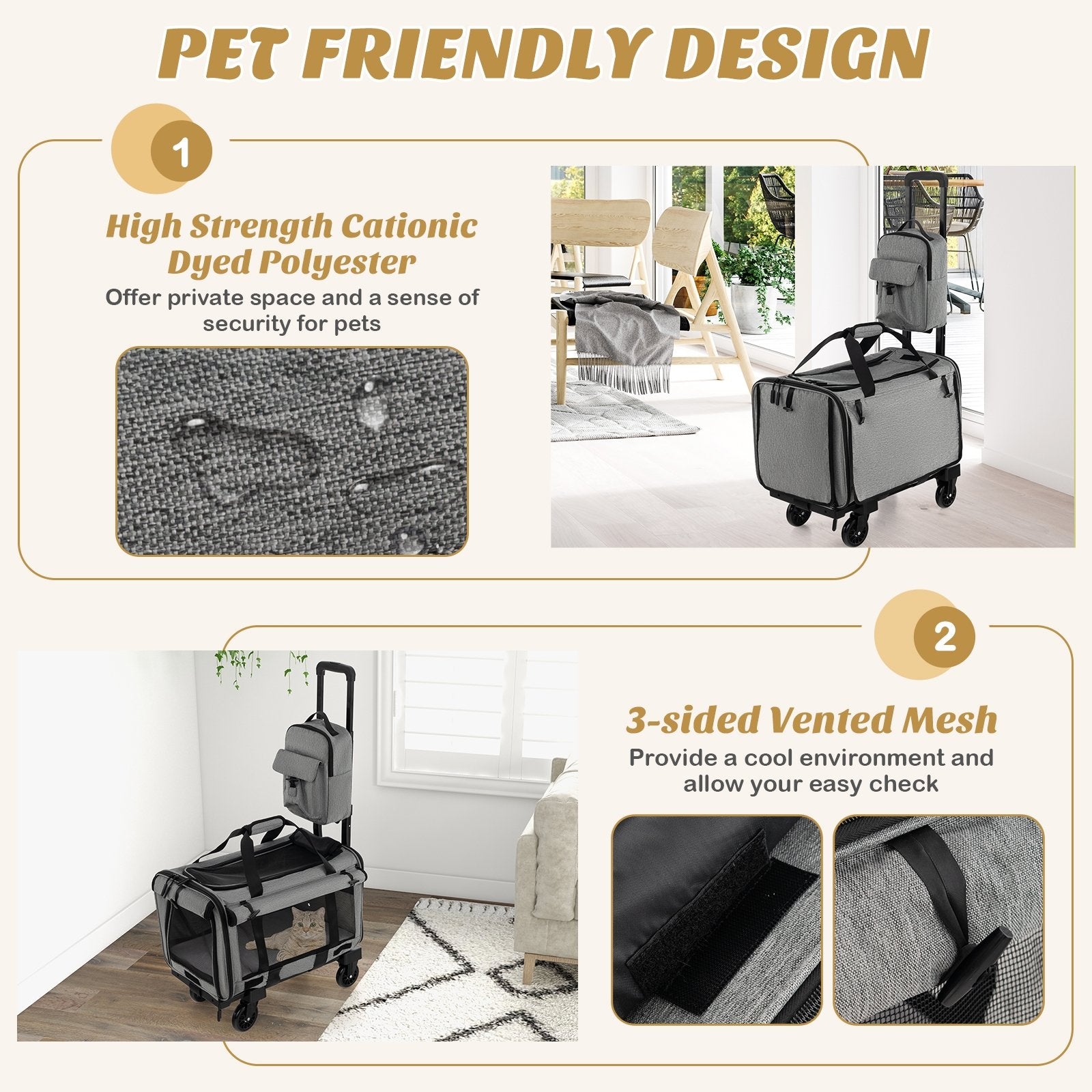 Rolling Cat Carrier with Dual-use Pads and Litter Bag, Gray Cat Supplies   at Gallery Canada