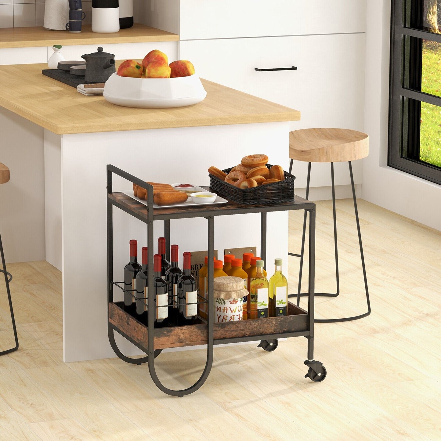 Rolling Buffet Serving Cart with Removable Metal Wire Wine Rack, Brown Kitchen Islands & Carts   at Gallery Canada