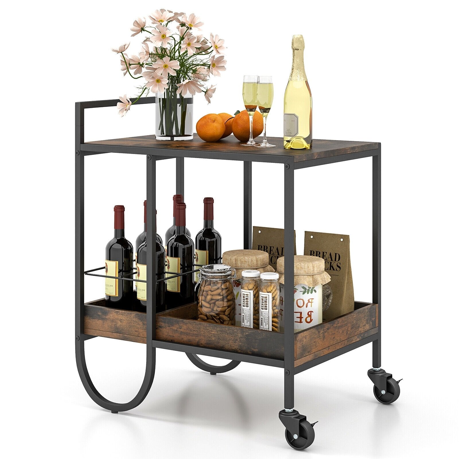 Rolling Buffet Serving Cart with Removable Metal Wire Wine Rack, Brown Kitchen Islands & Carts   at Gallery Canada