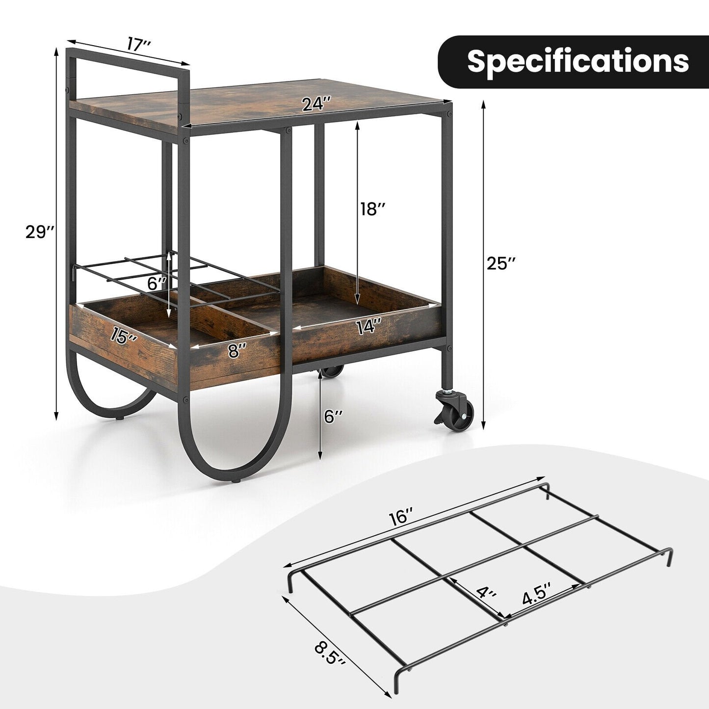 Rolling Buffet Serving Cart with Removable Metal Wire Wine Rack, Brown Kitchen Islands & Carts   at Gallery Canada