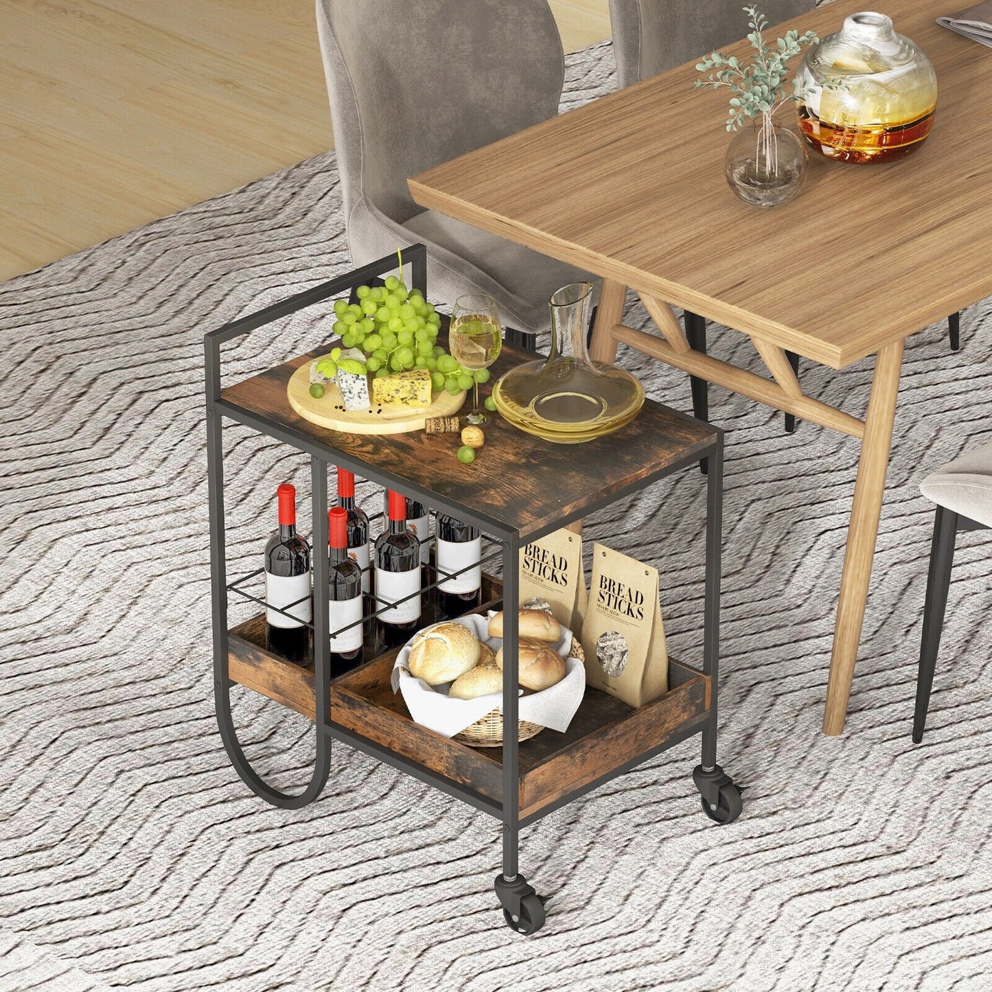 Rolling Buffet Serving Cart with Removable Metal Wire Wine Rack, Brown Kitchen Islands & Carts   at Gallery Canada