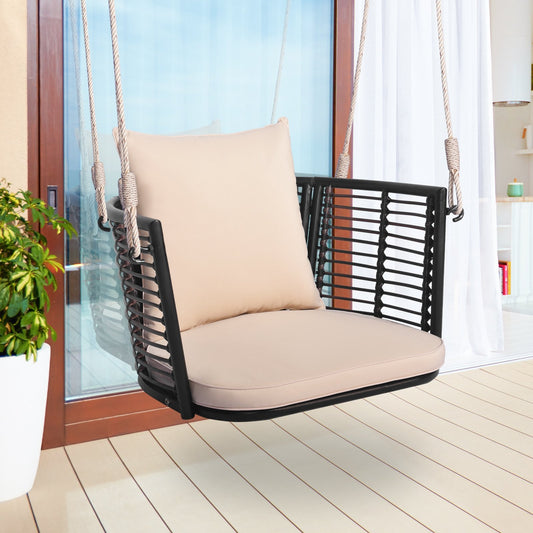 Single Person Hanging Seat with Woven Rattan Backrest for Backyard, Beige Patio Rocking Chairs & Gliders   at Gallery Canada