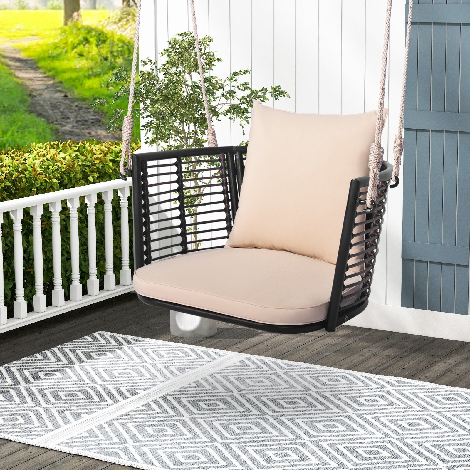 Single Person Hanging Seat with Woven Rattan Backrest for Backyard, Beige Patio Rocking Chairs & Gliders   at Gallery Canada