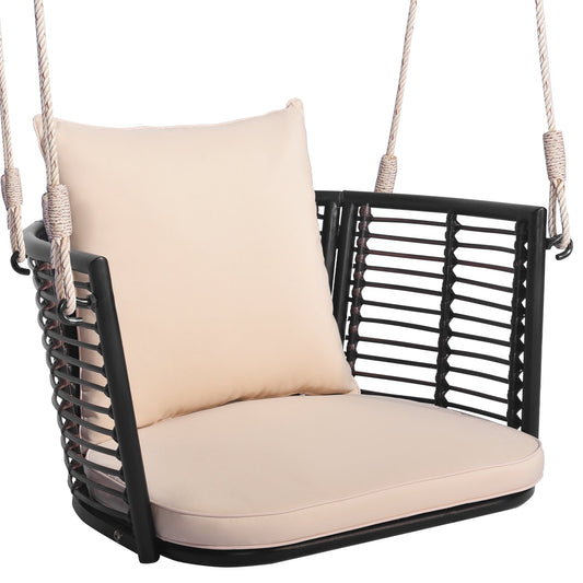 Single Person Hanging Seat with Woven Rattan Backrest for Backyard, Beige Patio Rocking Chairs & Gliders   at Gallery Canada