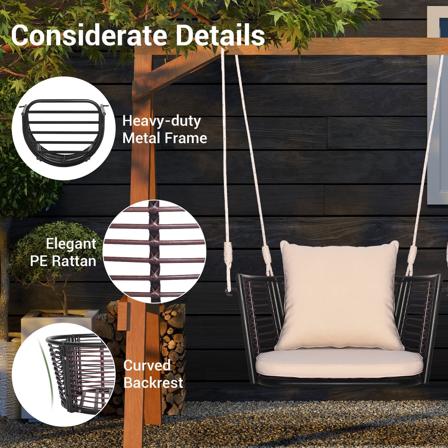 Single Person Hanging Seat with Woven Rattan Backrest for Backyard, Beige Patio Rocking Chairs & Gliders   at Gallery Canada