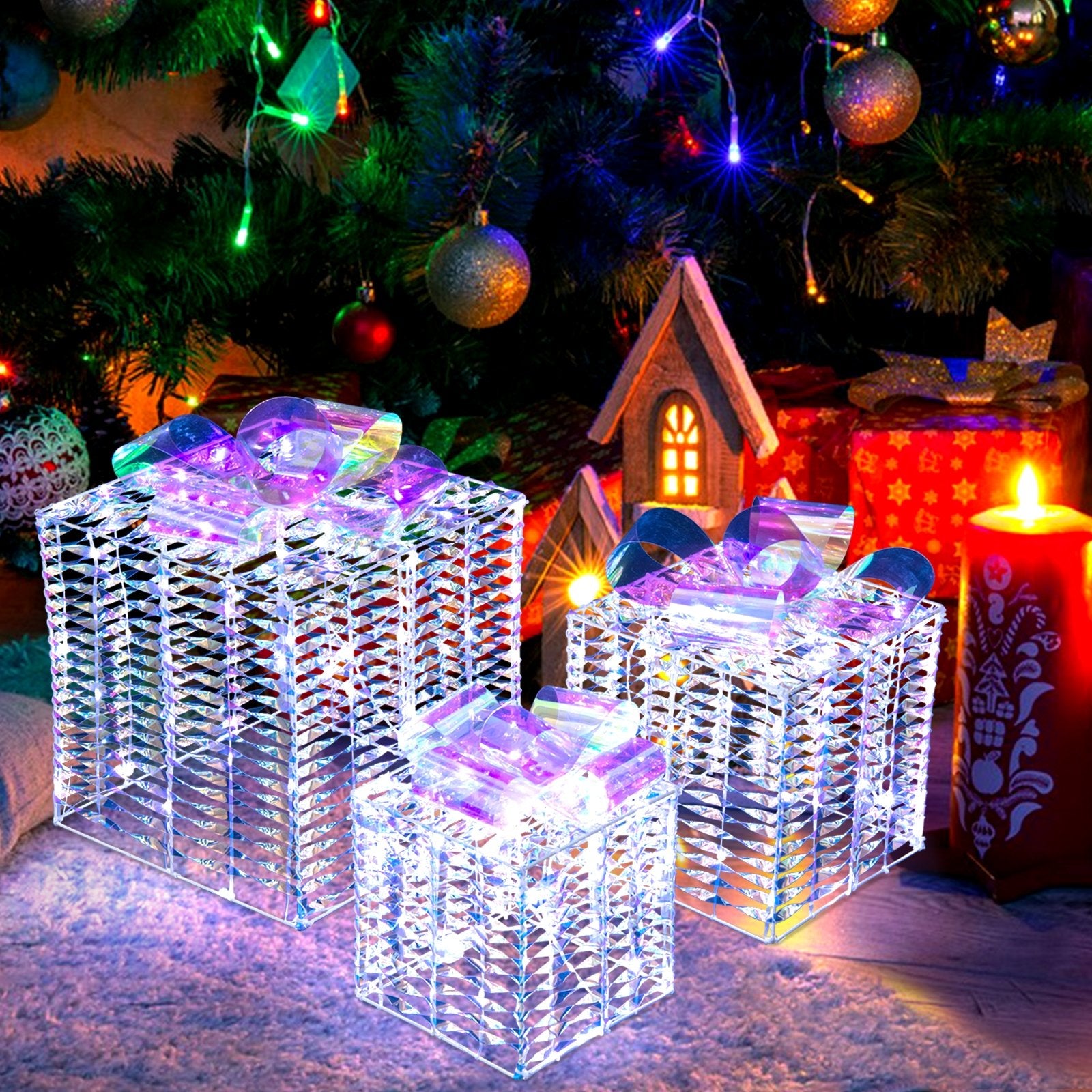 Set of 3 Iridescent Christmas Gift Box with Iridescent Bows, Multicolor Christmas Decor & Accessories   at Gallery Canada