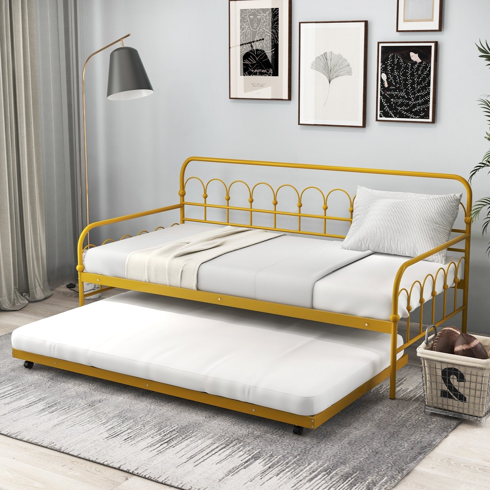 Twin Size Golden Metal Daybed with Trundle and Lockable Wheels-Twin Size, Golden Trundle Bed Frame   at Gallery Canada