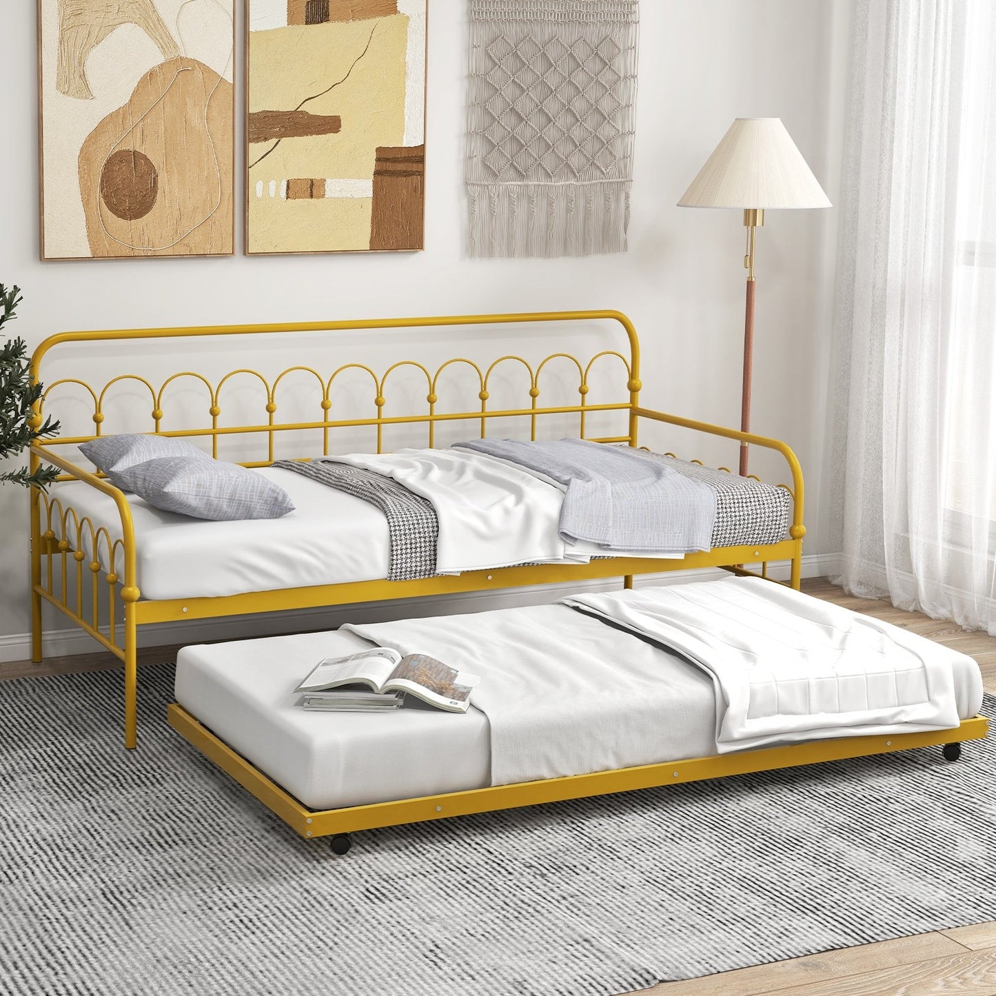 Twin Size Golden Metal Daybed with Trundle and Lockable Wheels-Twin Size, Golden Trundle Bed Frame   at Gallery Canada