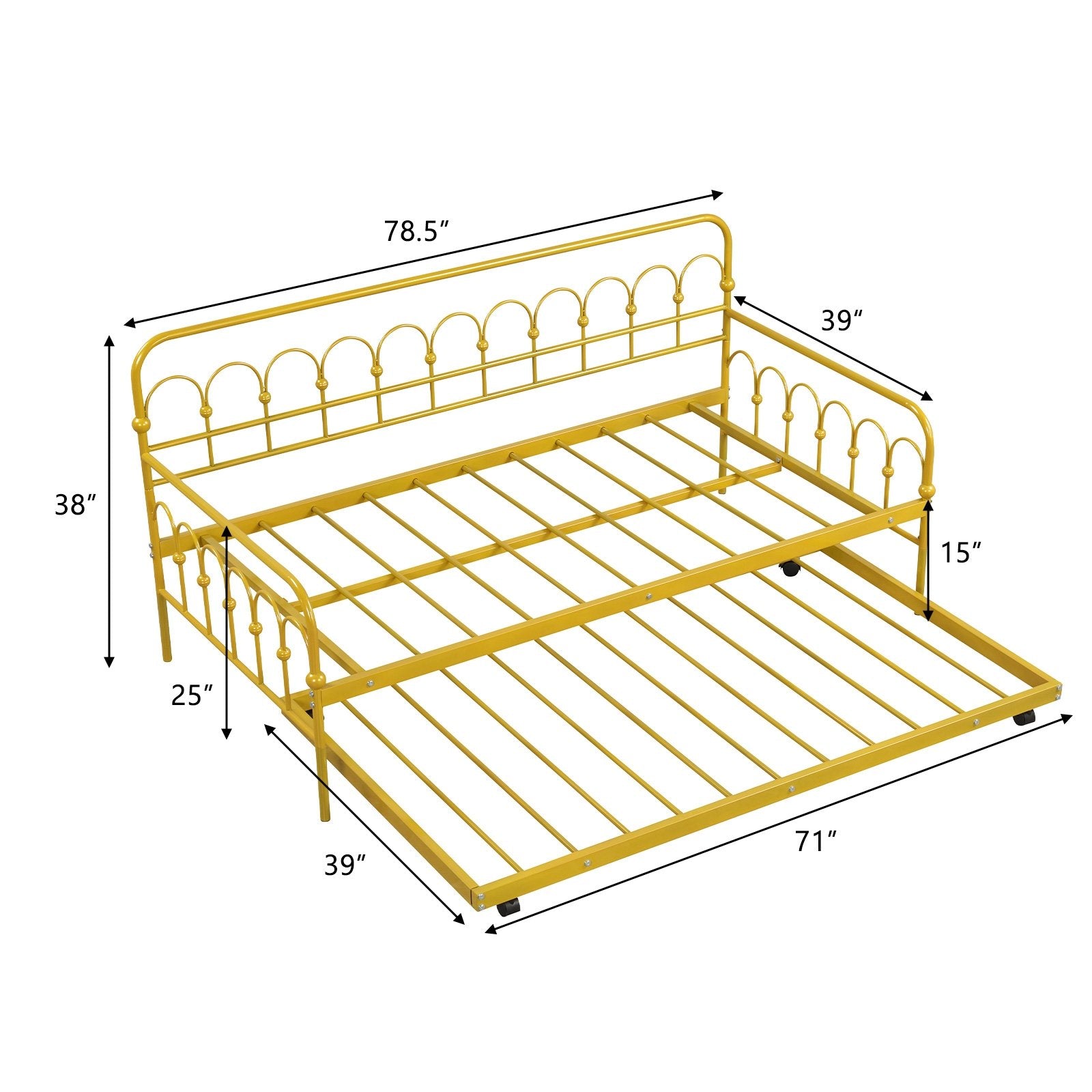 Twin Size Golden Metal Daybed with Trundle and Lockable Wheels-Twin Size, Golden Trundle Bed Frame   at Gallery Canada