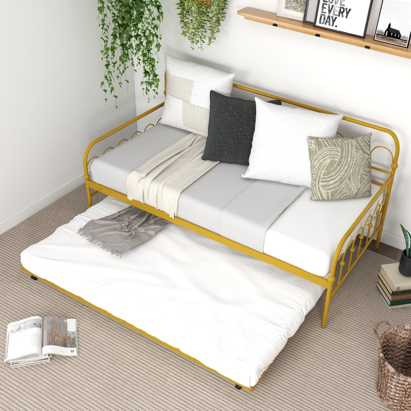 Twin Size Golden Metal Daybed with Trundle and Lockable Wheels-Twin Size, Golden Trundle Bed Frame   at Gallery Canada