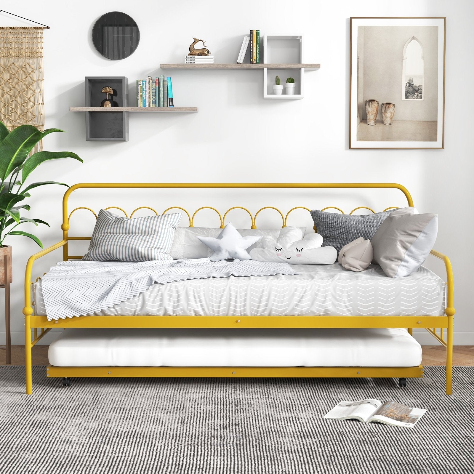 Twin Size Golden Metal Daybed with Trundle and Lockable Wheels-Twin Size, Golden Trundle Bed Frame   at Gallery Canada