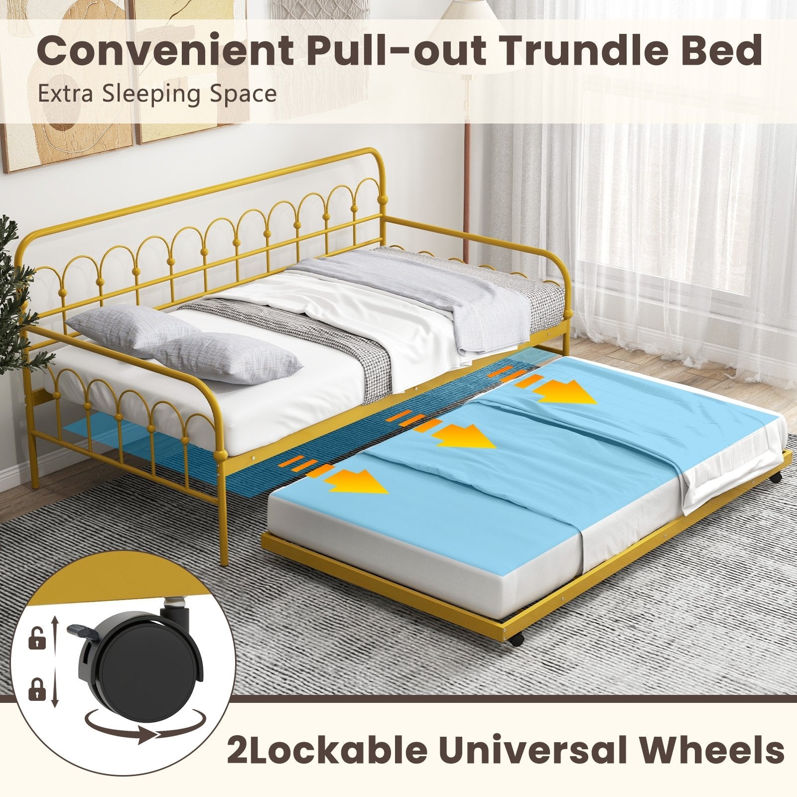 Twin Size Golden Metal Daybed with Trundle and Lockable Wheels-Twin Size, Golden Trundle Bed Frame   at Gallery Canada