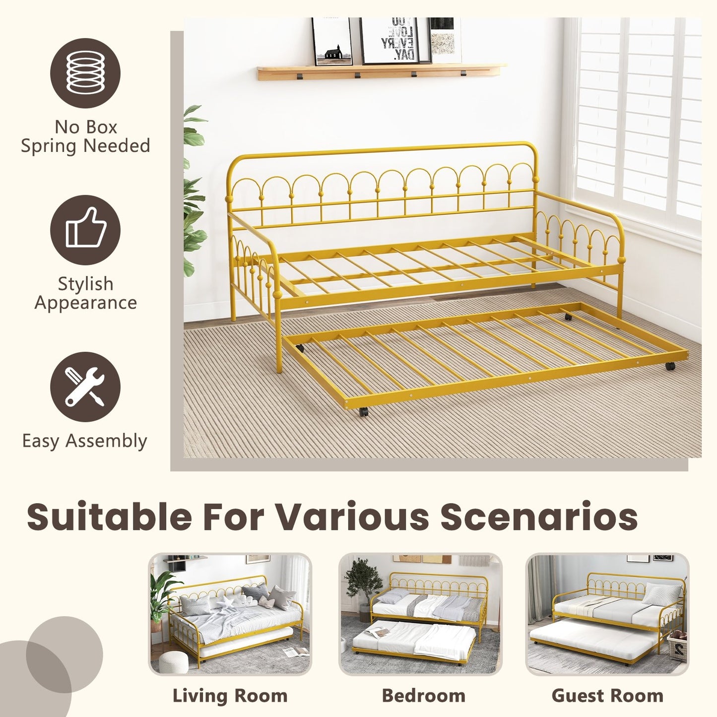 Twin Size Golden Metal Daybed with Trundle and Lockable Wheels-Twin Size, Golden Trundle Bed Frame   at Gallery Canada