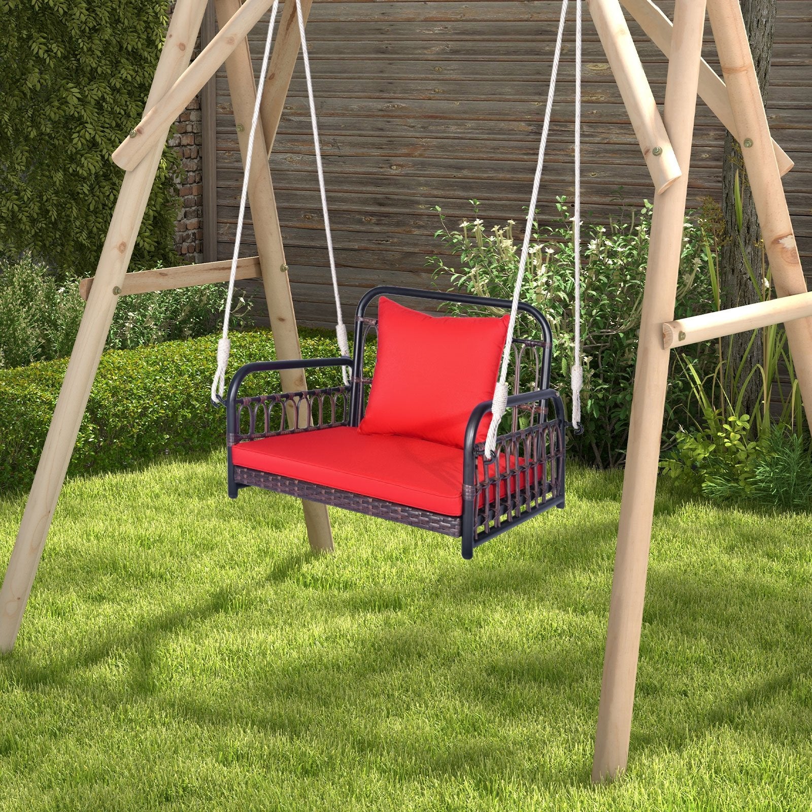 Patio Rattan Porch Swing Hammock Chair with Seat Cushion, Red Porch Swings   at Gallery Canada