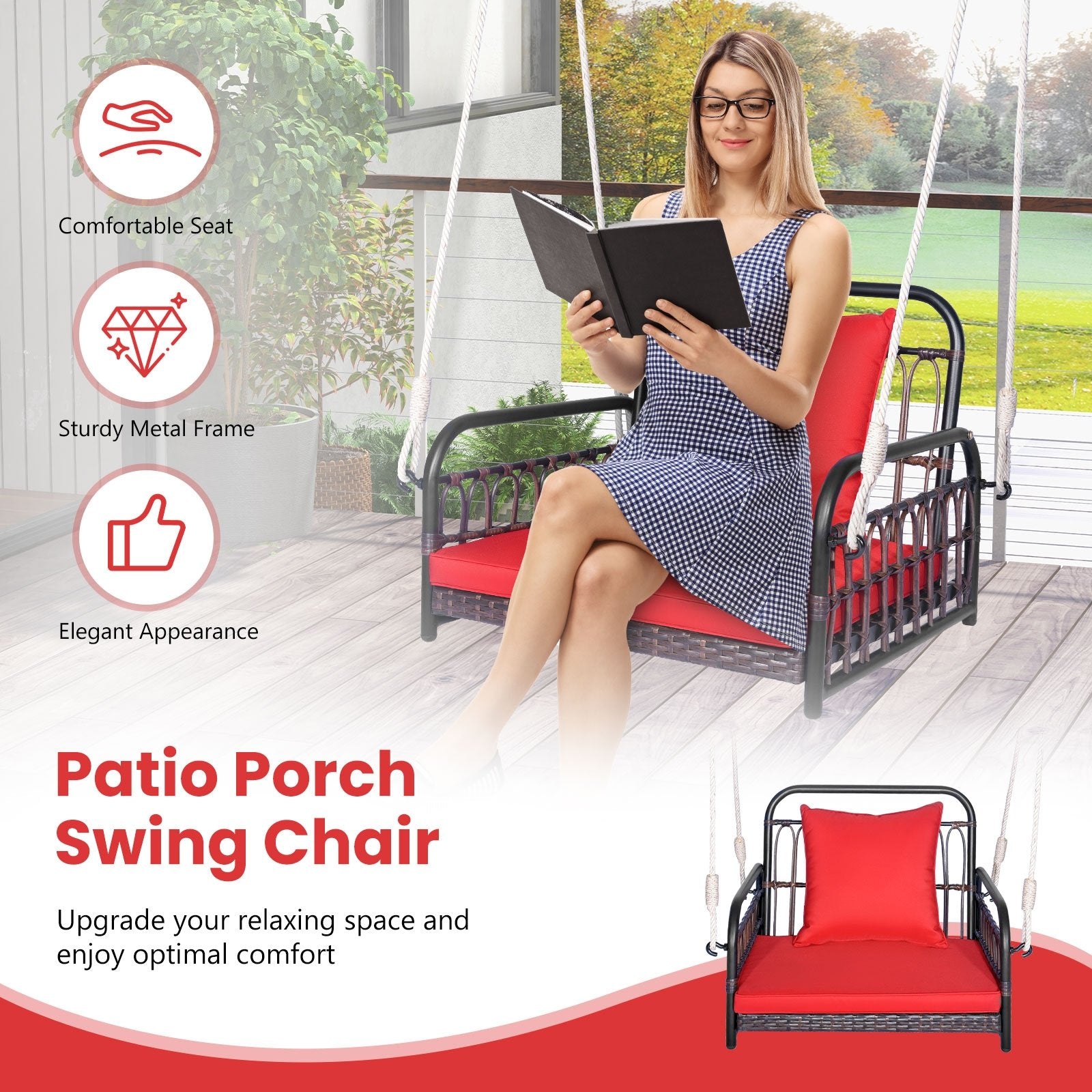 Patio Rattan Porch Swing Hammock Chair with Seat Cushion, Red Porch Swings   at Gallery Canada