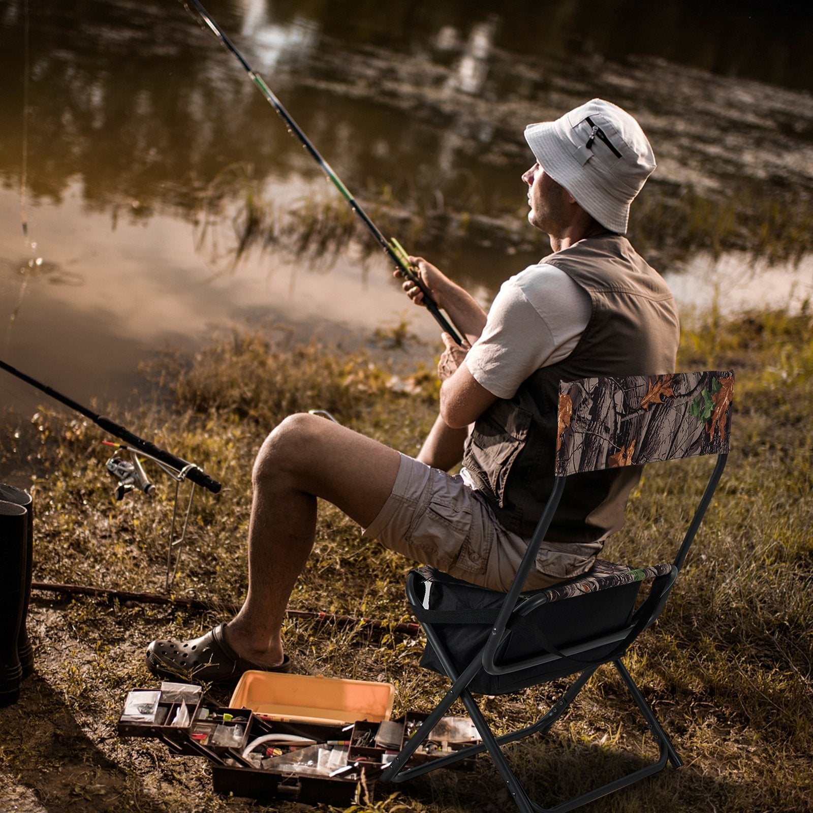 Foldable Patio Chair with Storage Pocket Backrest for Camping Hiking, Camouflage Camping Furniture   at Gallery Canada