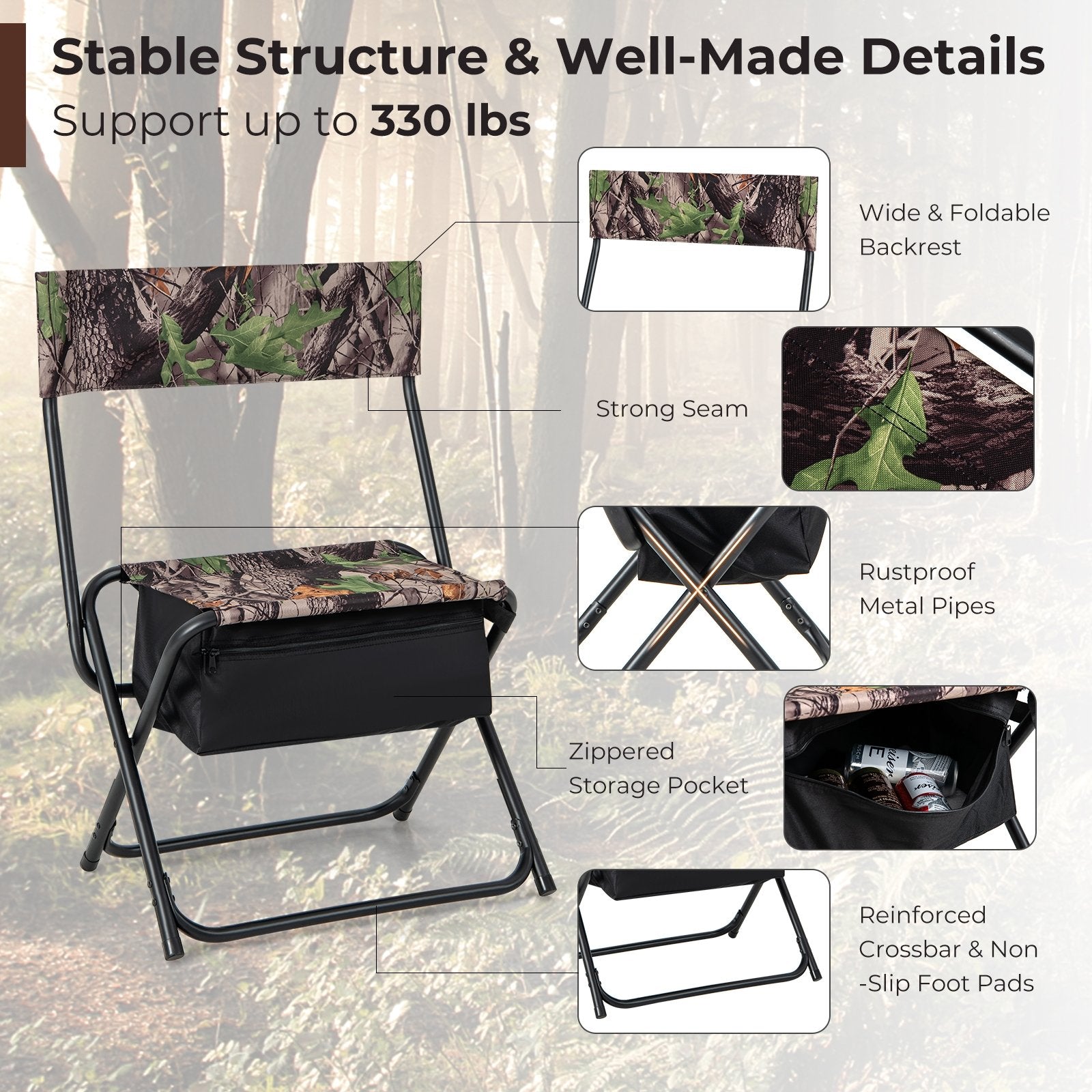 Foldable Patio Chair with Storage Pocket Backrest for Camping Hiking, Camouflage Camping Furniture   at Gallery Canada