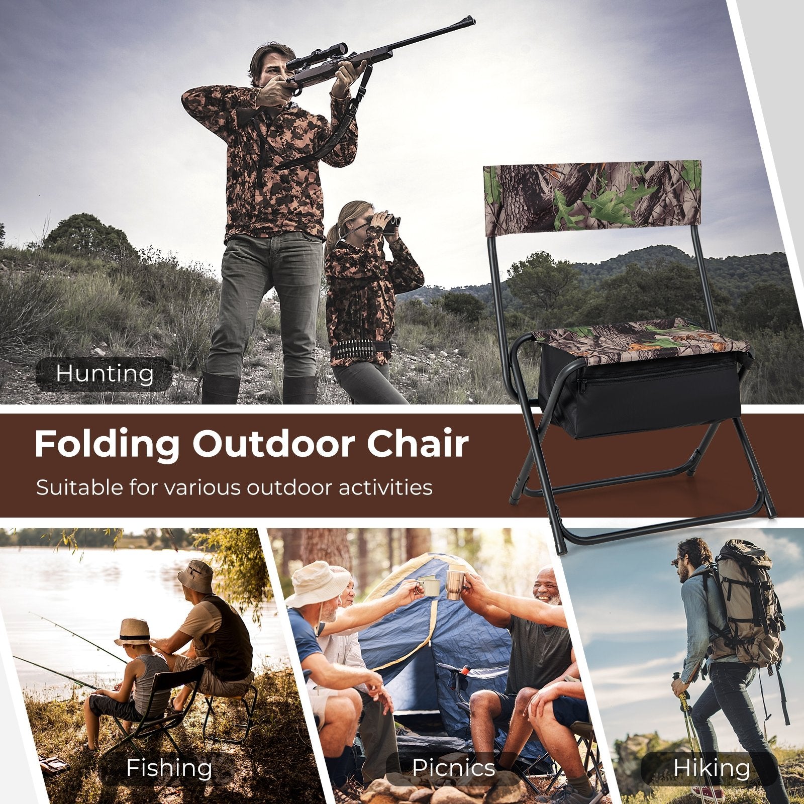 Foldable Patio Chair with Storage Pocket Backrest for Camping Hiking, Camouflage Camping Furniture   at Gallery Canada