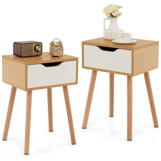 Set of 1/2 Modern Nightstand with Storage Drawer for Bedroom Living Room-2 Pieces, Natural Nightstands   at Gallery Canada