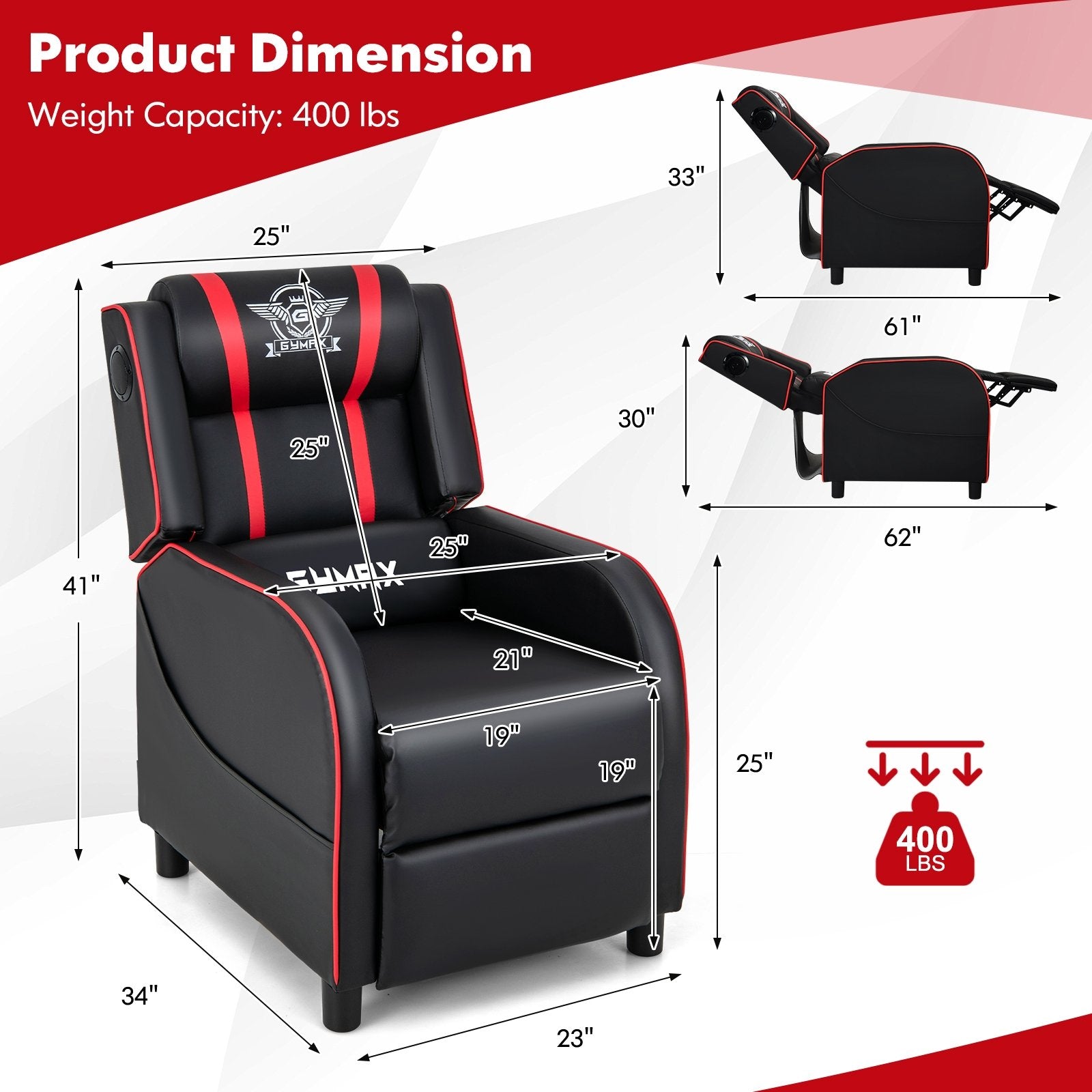 PU Leather Massage Gaming Recliner Chair with Side Pockets, Red Gaming Chairs   at Gallery Canada