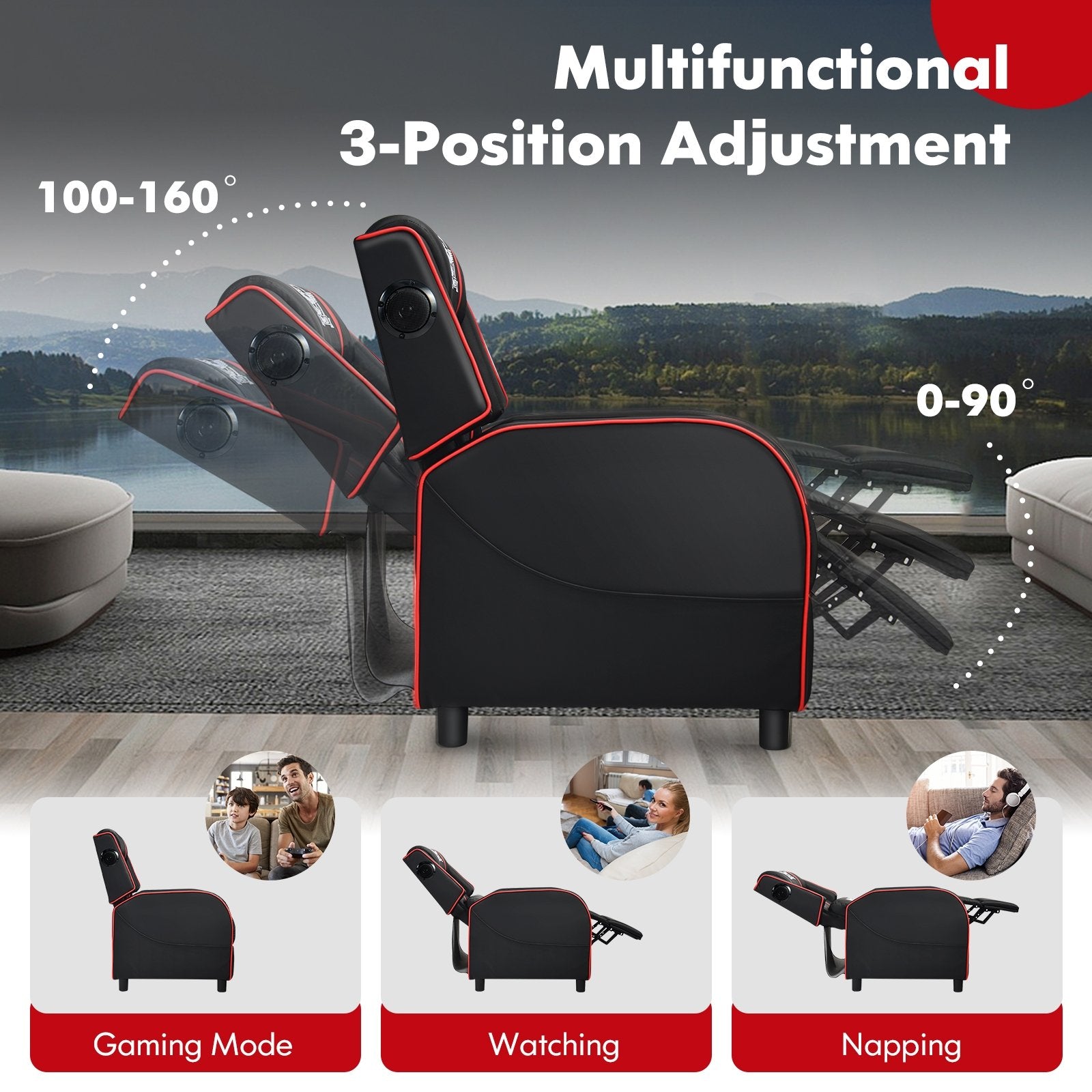 PU Leather Massage Gaming Recliner Chair with Side Pockets, Red Gaming Chairs   at Gallery Canada