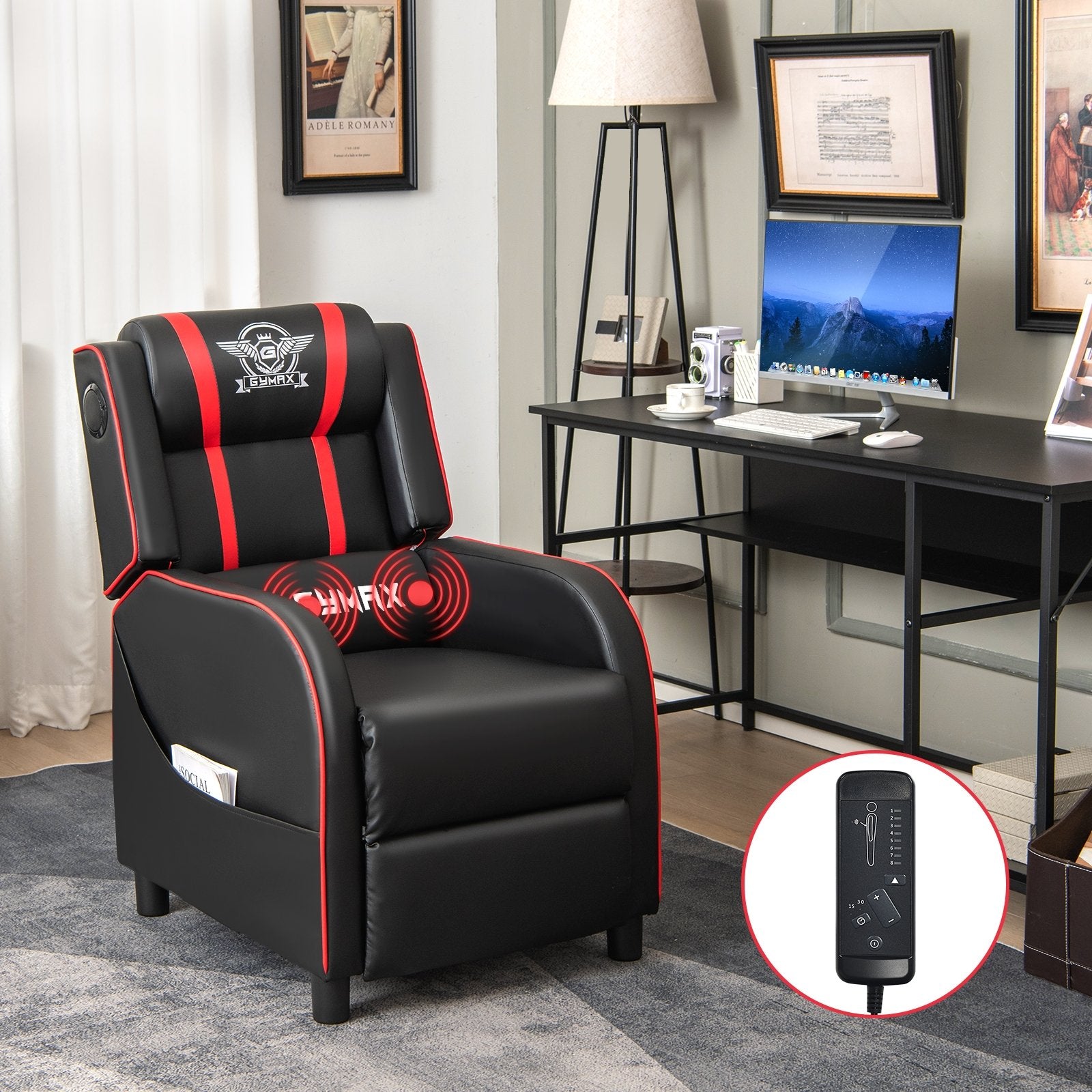 PU Leather Massage Gaming Recliner Chair with Side Pockets, Red Gaming Chairs   at Gallery Canada