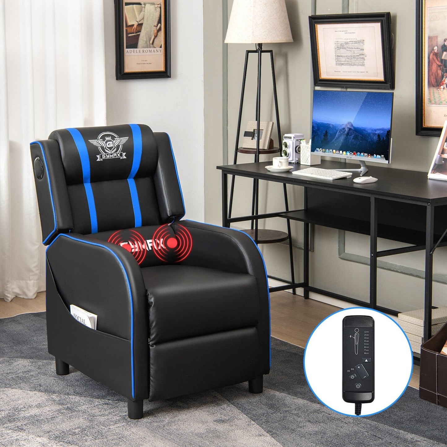 PU Leather Massage Gaming Recliner Chair with Side Pockets, Blue Gaming Chairs   at Gallery Canada