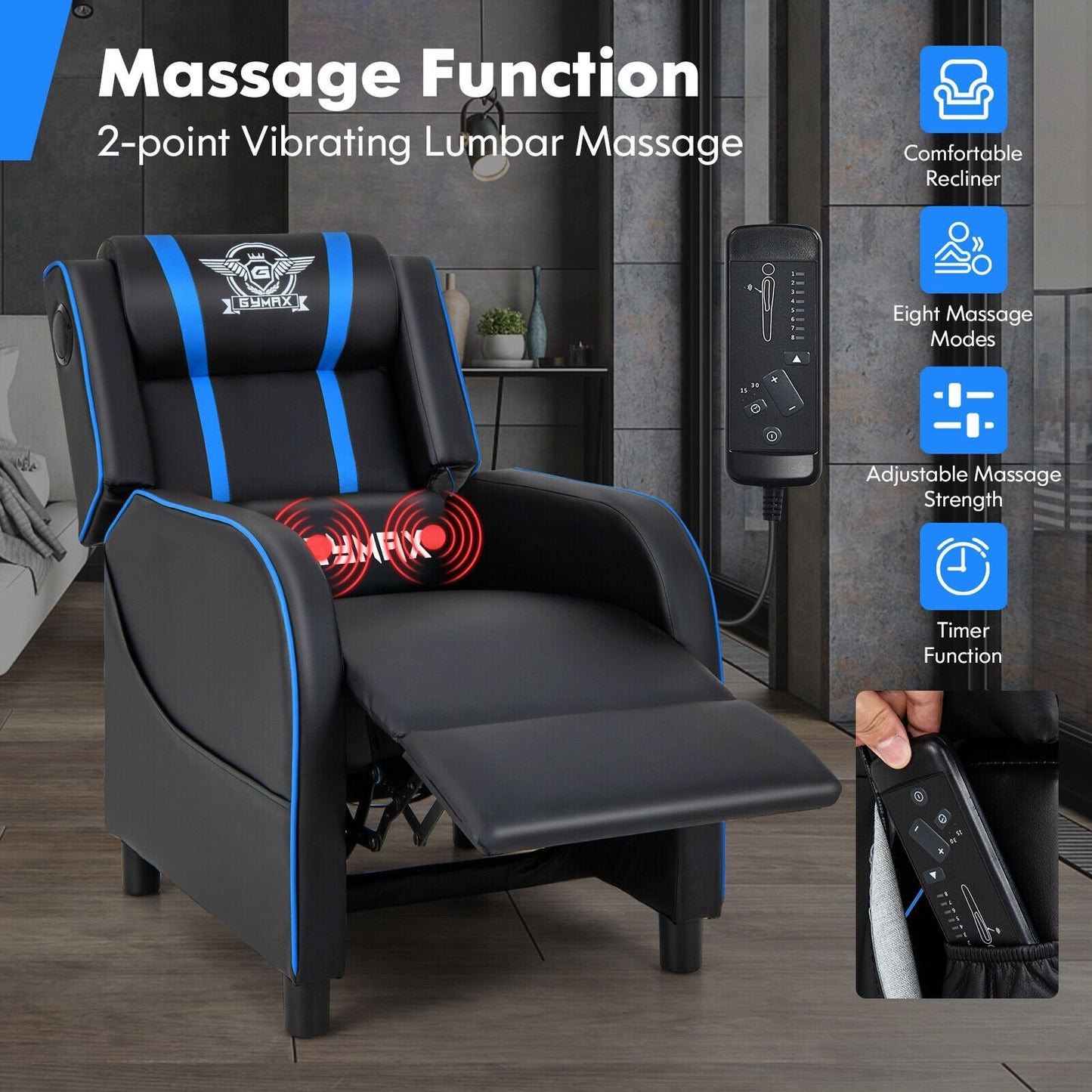 PU Leather Massage Gaming Recliner Chair with Side Pockets, Blue Gaming Chairs   at Gallery Canada