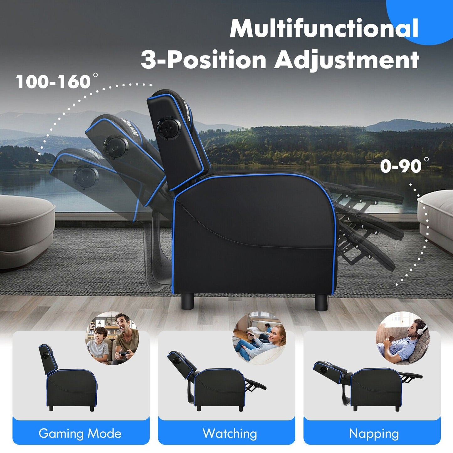 PU Leather Massage Gaming Recliner Chair with Side Pockets, Blue Gaming Chairs   at Gallery Canada