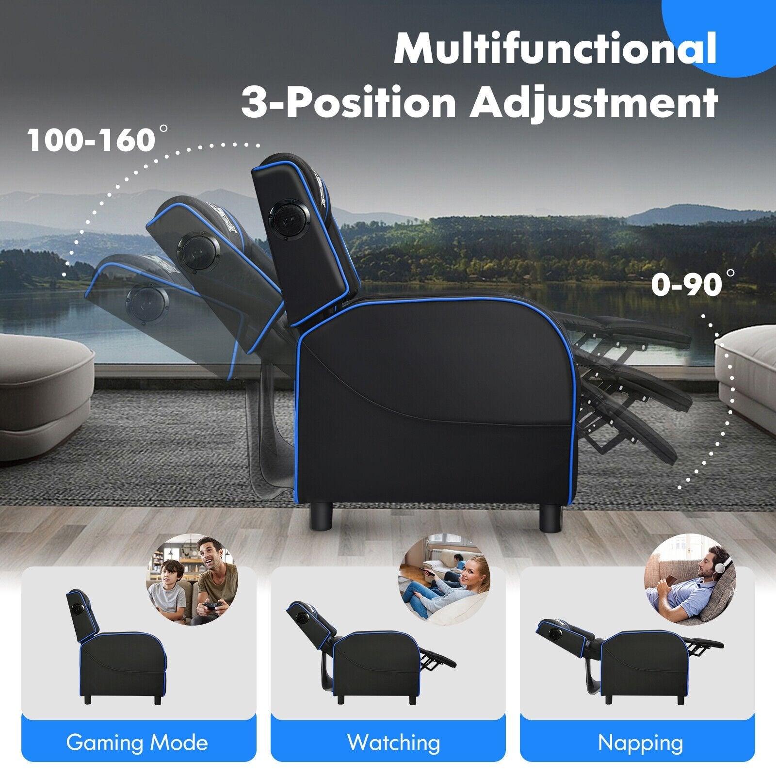 PU Leather Massage Gaming Recliner Chair with Side Pockets, Blue Gaming Chairs   at Gallery Canada