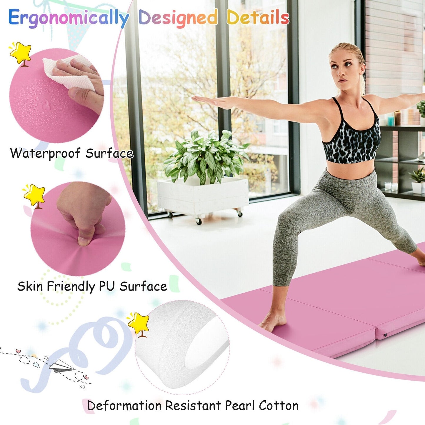 6 x 2 FT Tri-Fold Gym Mat with Handles and Removable Zippered Cover, Pink Yoga & Gym Mats   at Gallery Canada