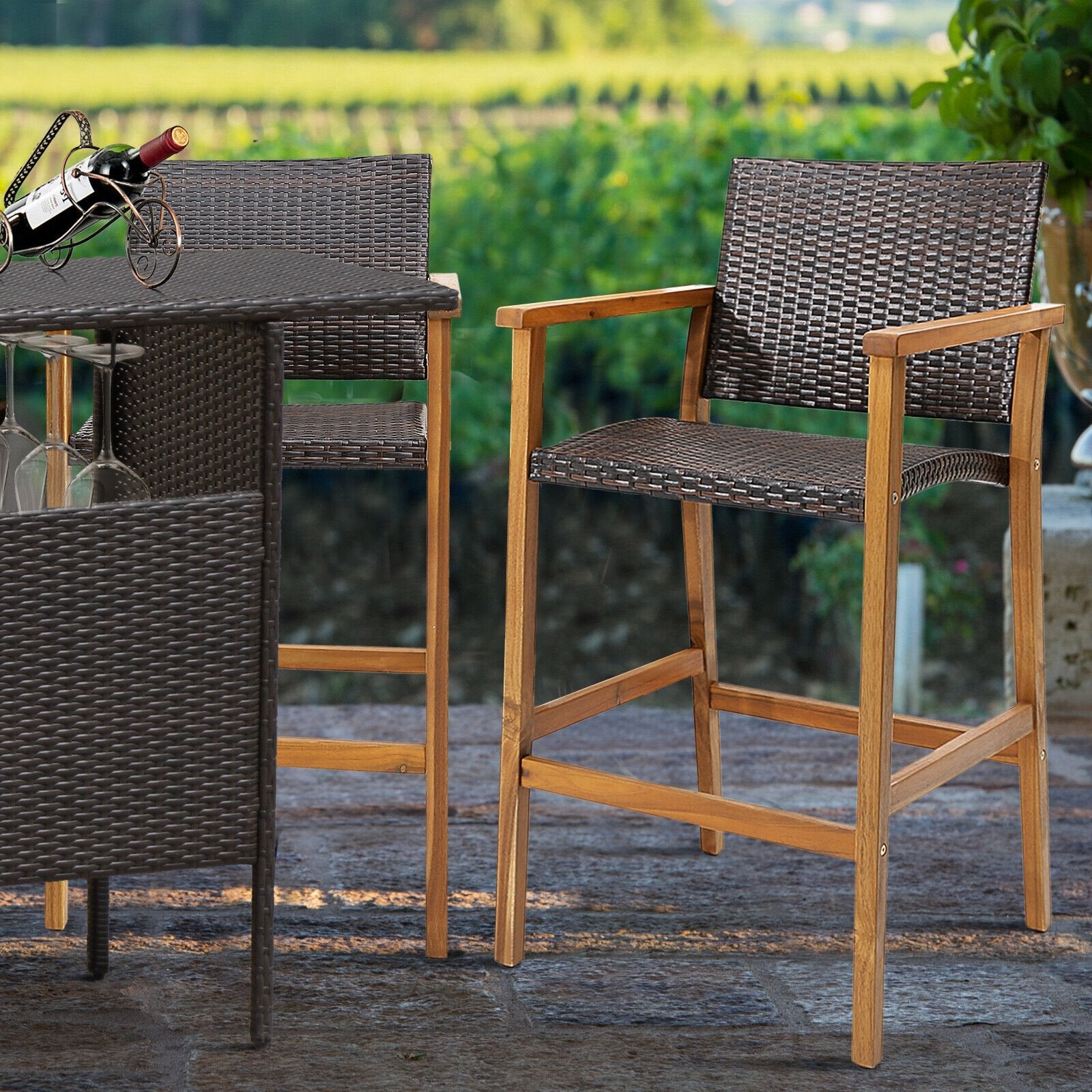 Set of 2 PE Wicker Patio Bar Chairs with Acacia Wood Armrests-Set of 2, Brown Patio Bar Furniture   at Gallery Canada