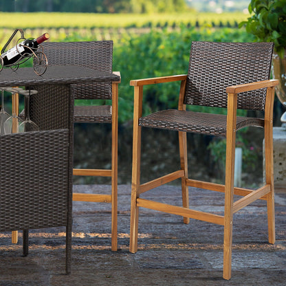 Set of 2 PE Wicker Patio Bar Chairs with Acacia Wood Armrests-Set of 2, Brown Patio Bar Furniture   at Gallery Canada