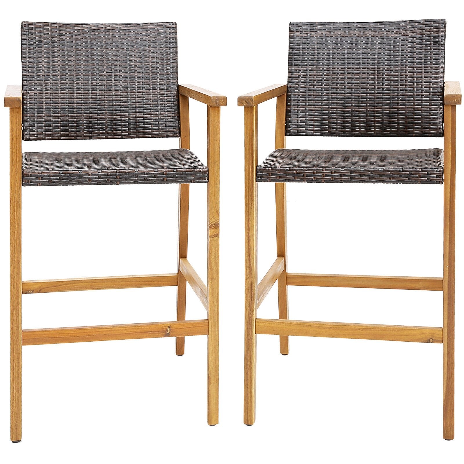 Set of 2 PE Wicker Patio Bar Chairs with Acacia Wood Armrests-Set of 2, Brown Patio Bar Furniture   at Gallery Canada