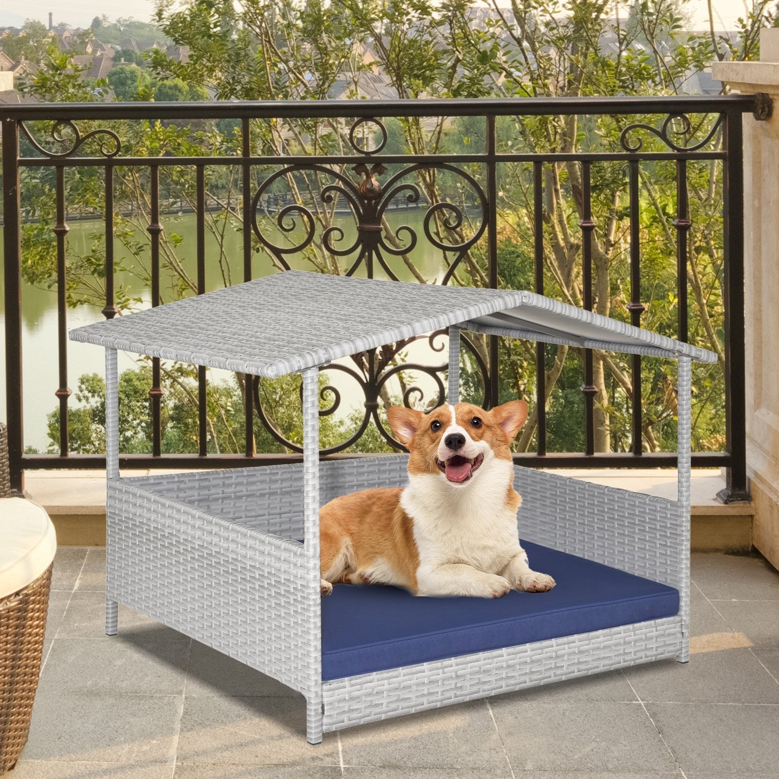 Wicker Dog House with Waterproof Roof and Washable Cushion Cover, Navy Dog Supplies   at Gallery Canada