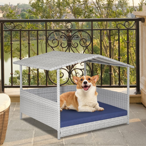 Wicker Dog House with Waterproof Roof and Washable Cushion Cover, Navy