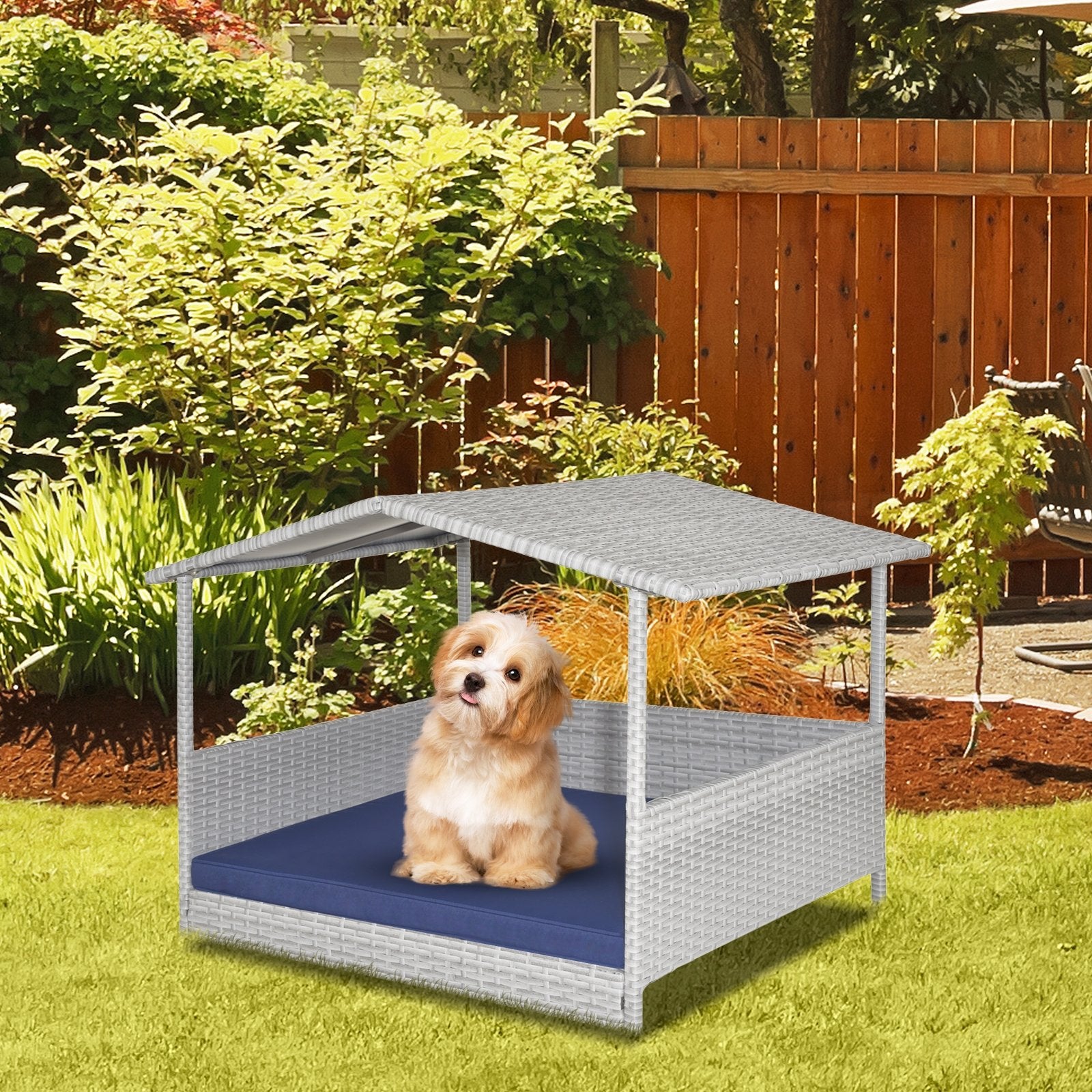 Wicker Dog House with Waterproof Roof and Washable Cushion Cover, Navy Dog Supplies   at Gallery Canada