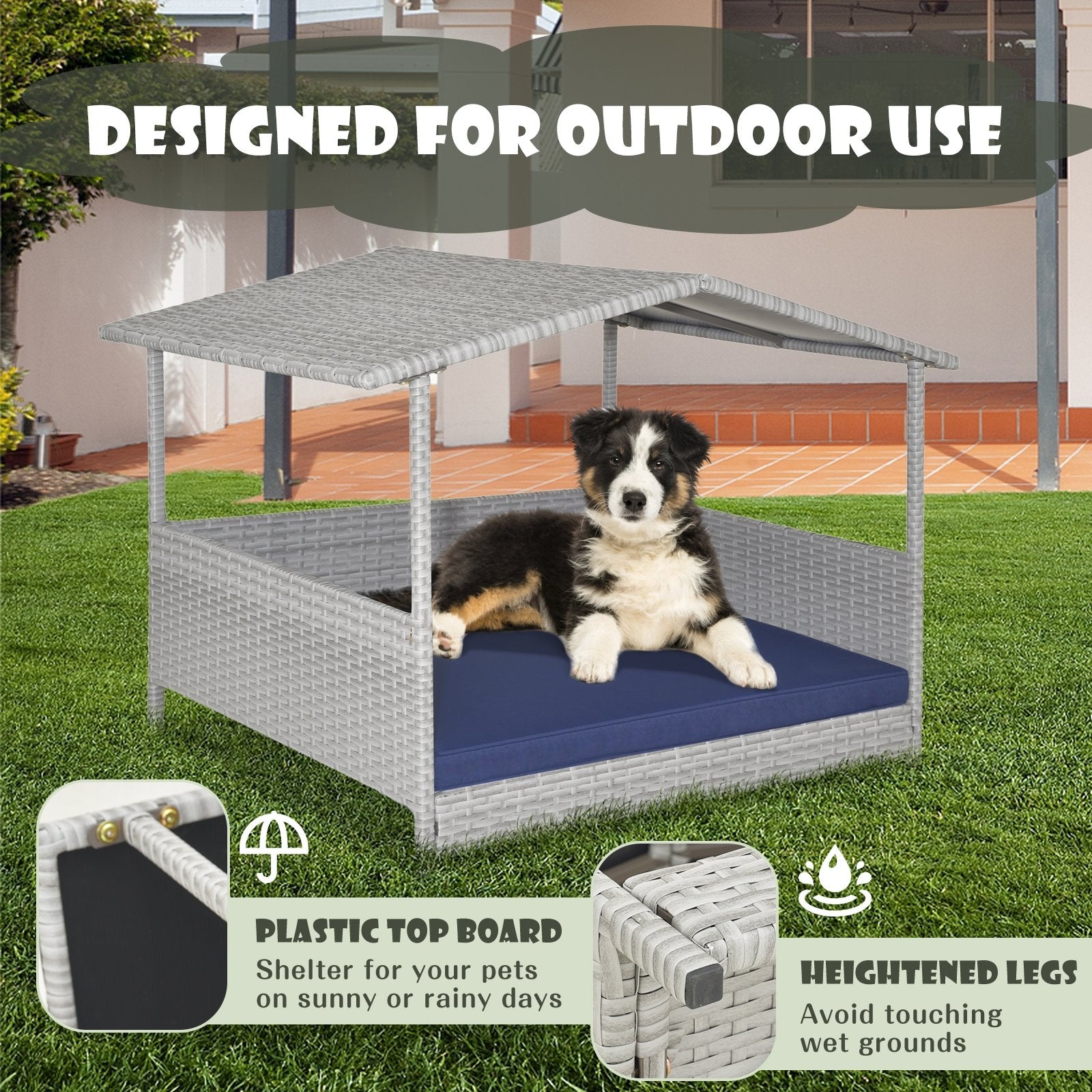 Wicker Dog House with Waterproof Roof and Washable Cushion Cover, Navy Dog Supplies   at Gallery Canada