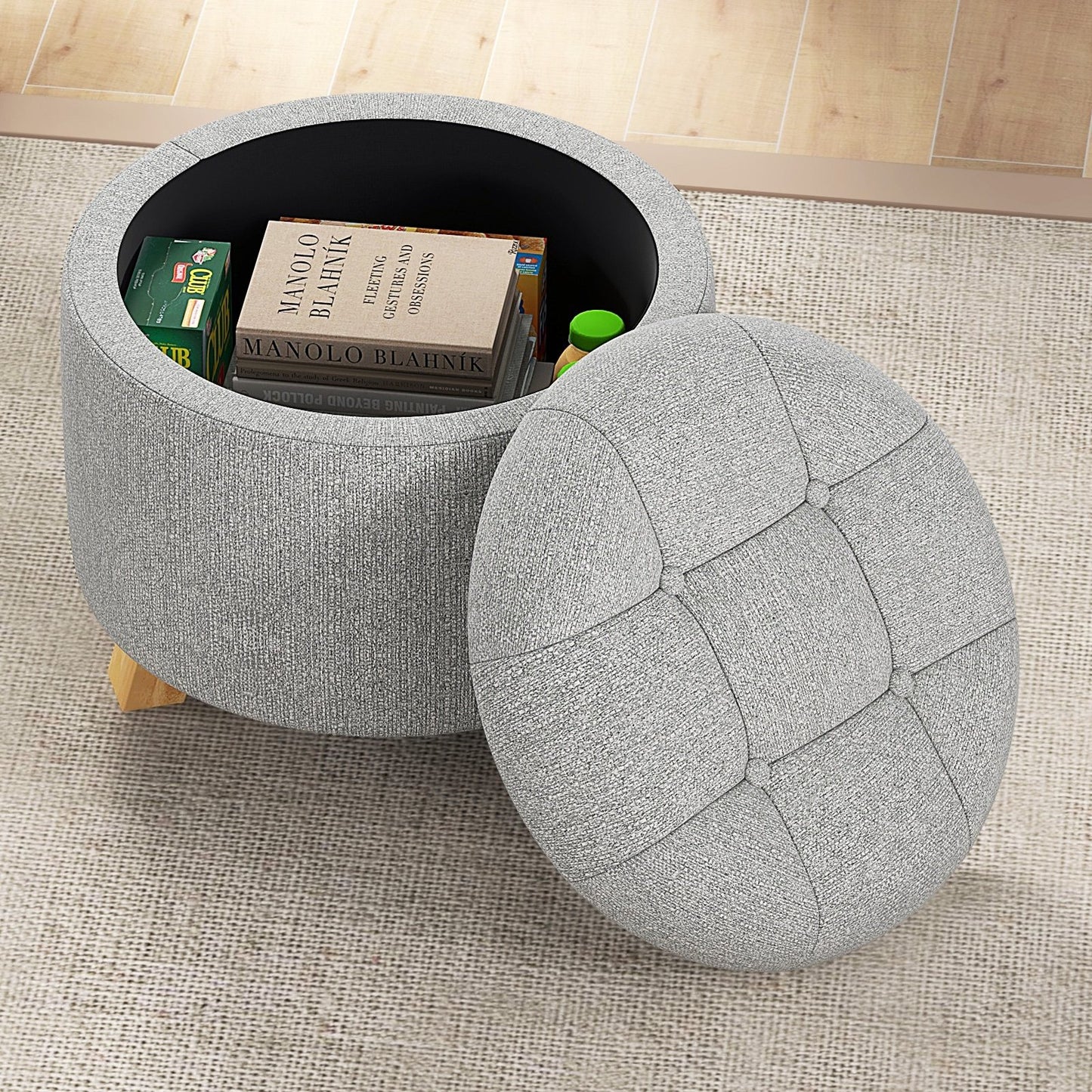 Upholstered Round Ottoman with Solid Rubber Feet, Gray Ottomans   at Gallery Canada