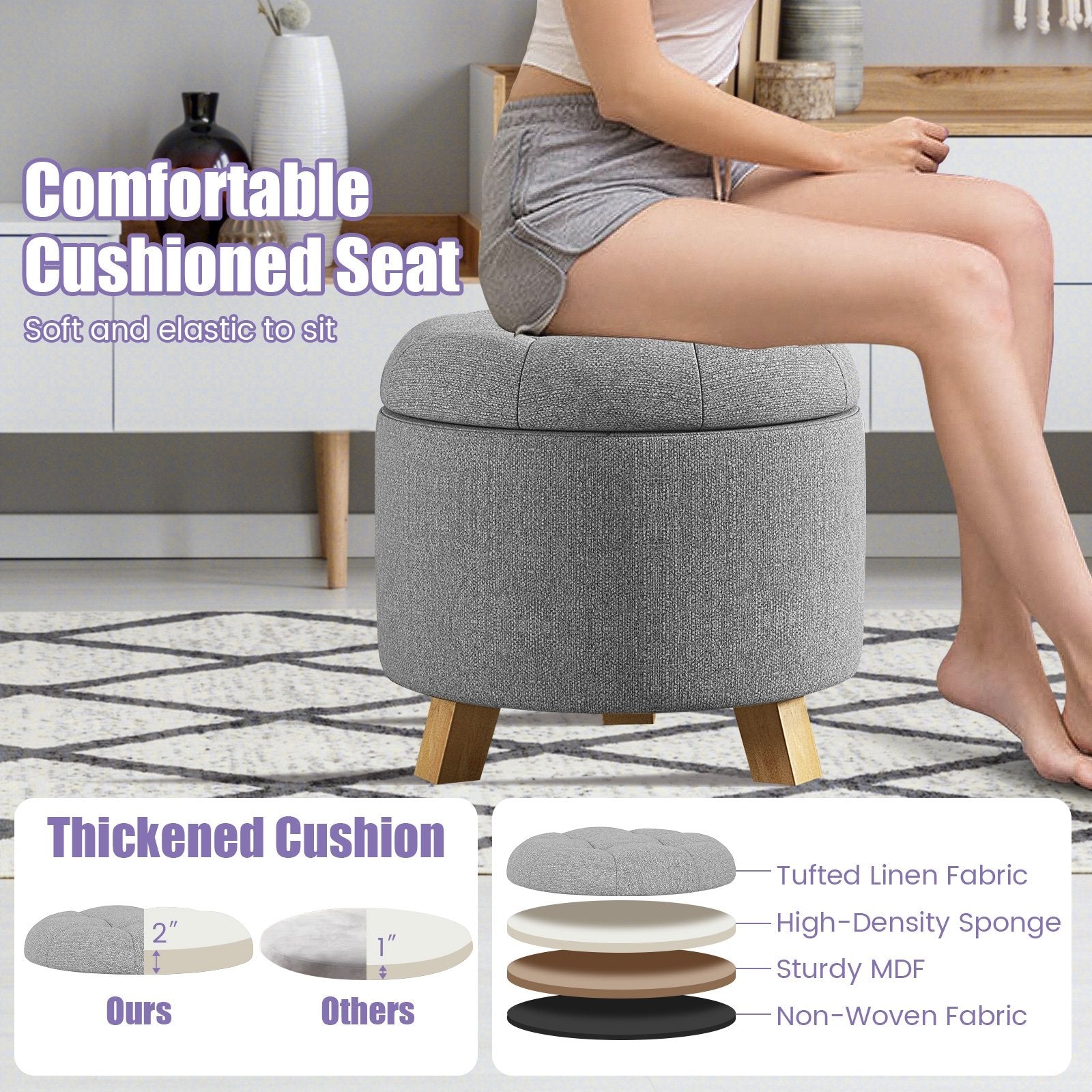 Upholstered Round Ottoman with Solid Rubber Feet, Gray Ottomans   at Gallery Canada