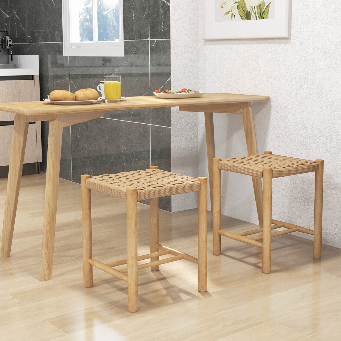 Dining Stool Set of 2 with Rubber Wood Frame, Natural Bar Stools   at Gallery Canada