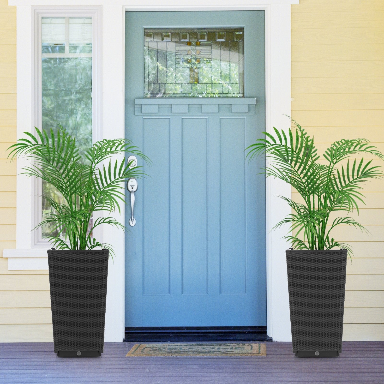 Outdoor Wicker Flower Pot Set of 2 with Drainage Hole for Porch Balcony, Black - Gallery Canada