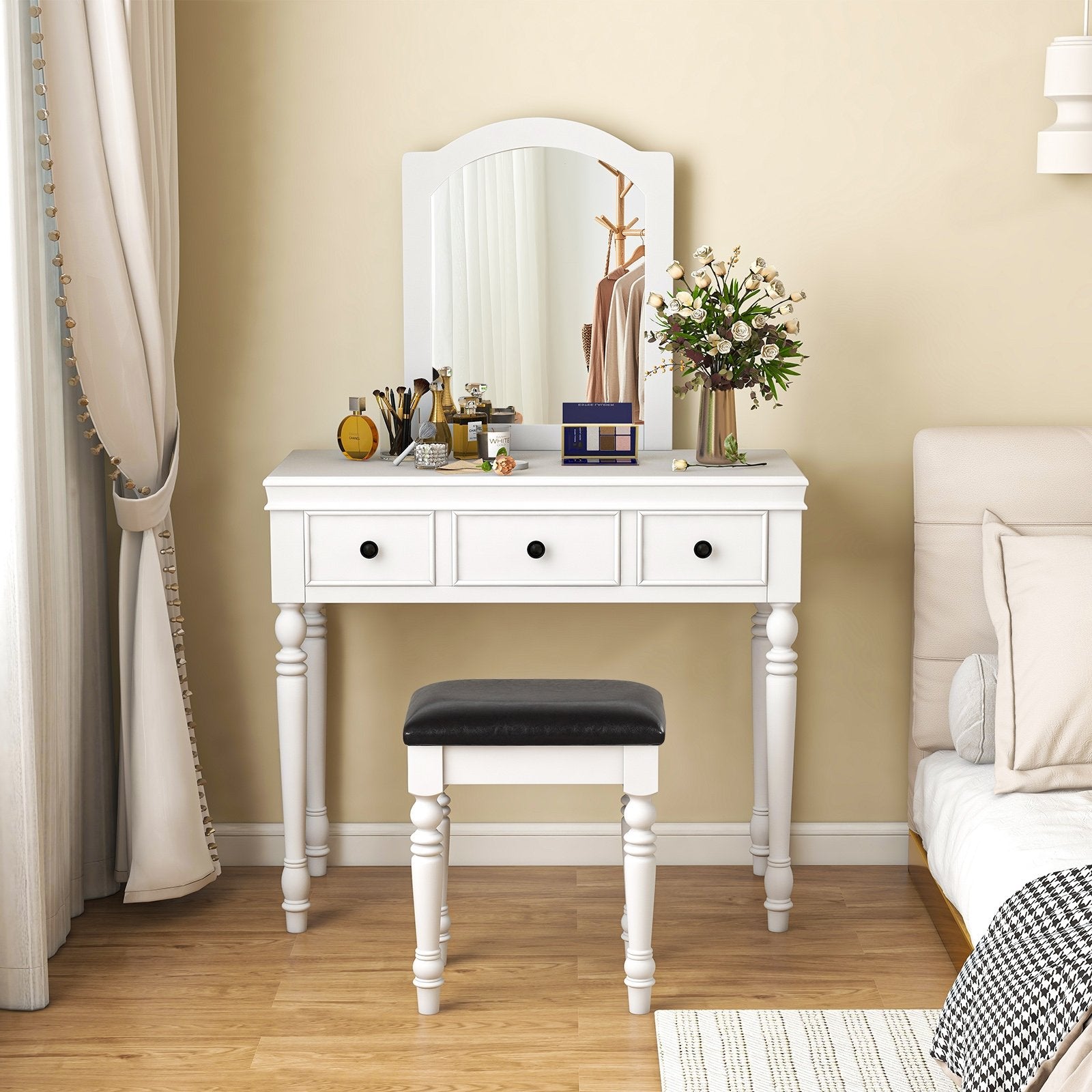 Makeup Vanity Table and Stool Set with Detachable Mirror and 3 Drawers Storage, White - Gallery Canada