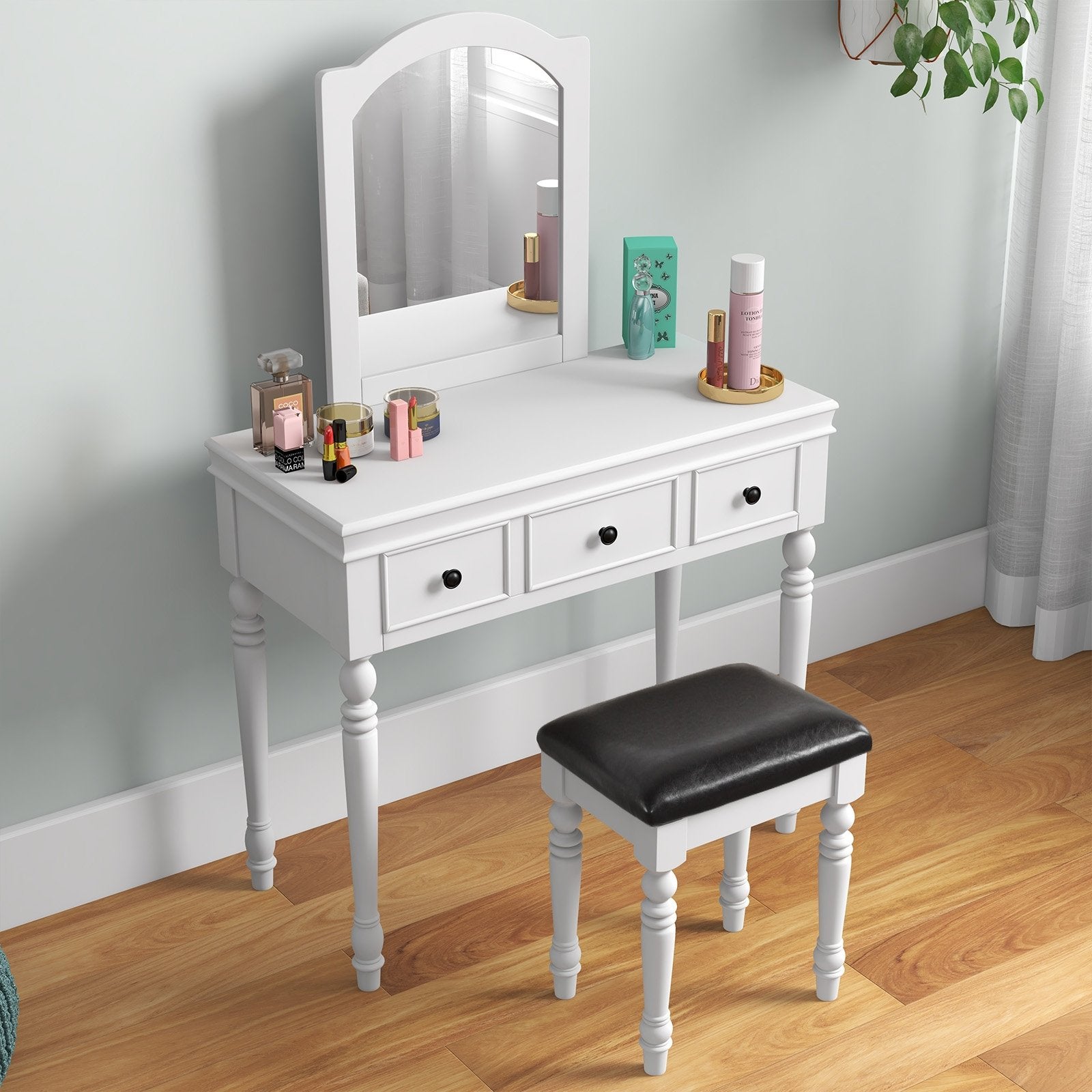 Makeup Vanity Table and Stool Set with Detachable Mirror and 3 Drawers Storage, White - Gallery Canada