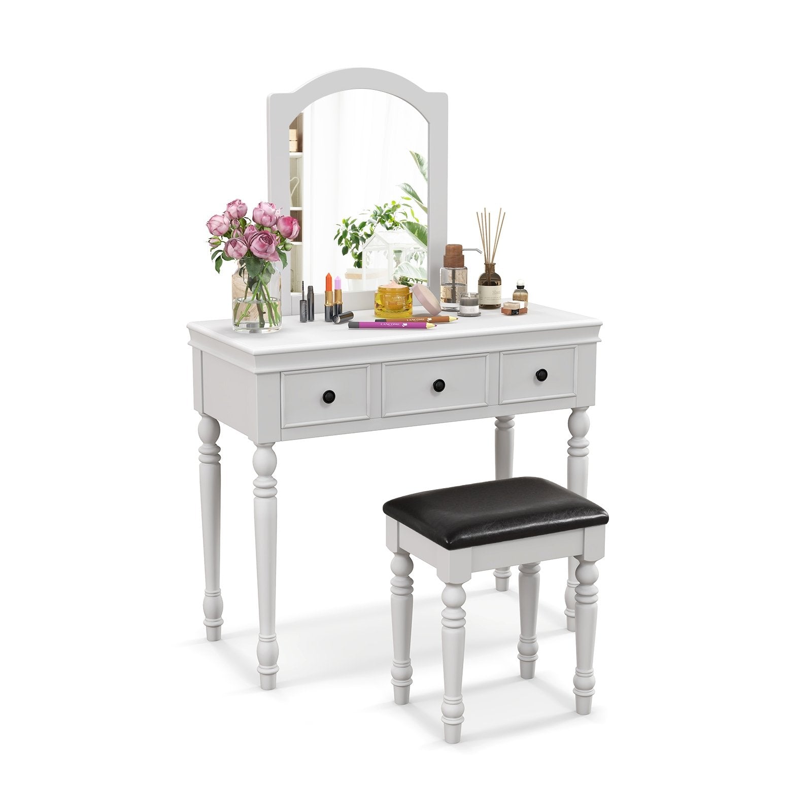 Makeup Vanity Table and Stool Set with Detachable Mirror and 3 Drawers Storage, White - Gallery Canada