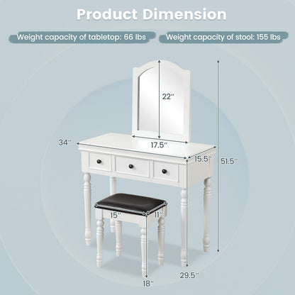 Makeup Vanity Table and Stool Set with Detachable Mirror and 3 Drawers Storage, White - Gallery Canada