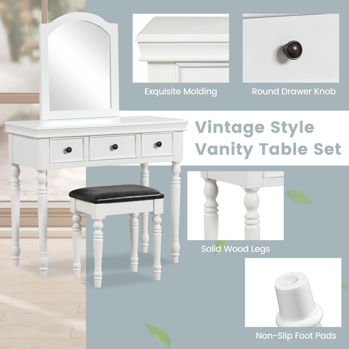 Makeup Vanity Table and Stool Set with Detachable Mirror and 3 Drawers Storage, White - Gallery Canada