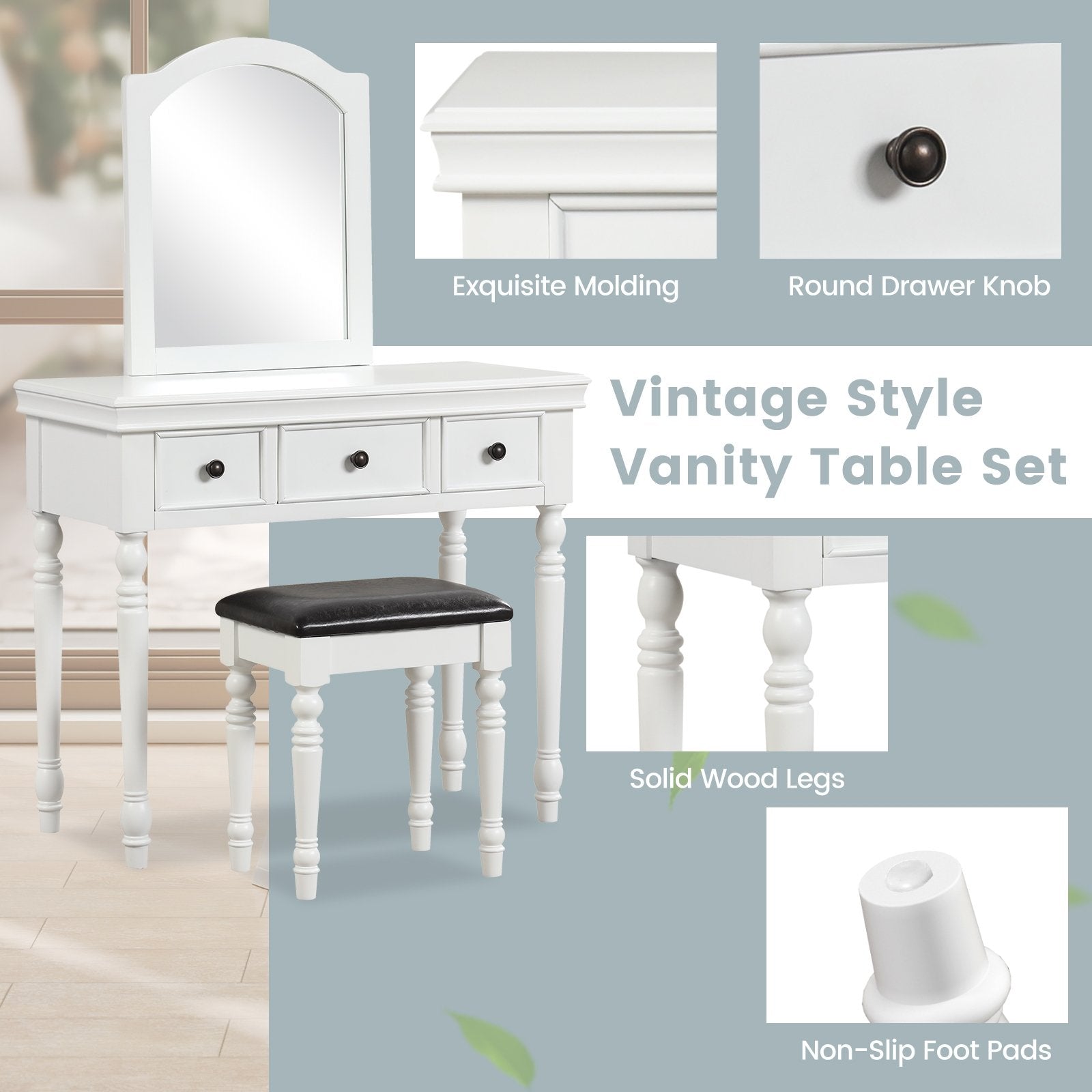 Makeup Vanity Table and Stool Set with Detachable Mirror and 3 Drawers Storage, White Makeup Vanities   at Gallery Canada